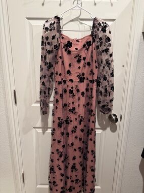 Pink Floral Mesh Sleeve Maxi Dress